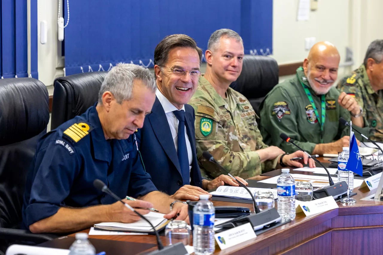 Deputy Supreme Allied Commander Europe, Admiral Sir Keith Blount;   NATO Secretary General Mark Rutte; Supreme Allied Commander Europe, General Alexus G. Grynkewich and Chair of the NATO Military Committee, Admiral Giuseppe Cavo Dragone,  participating in the NAC meeting at SHAPE