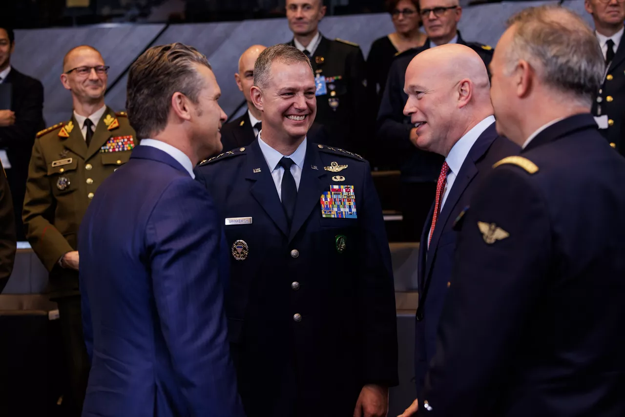 Pete Hegseth (US Secretary of War) with Supreme Allied Commander Europe, General Alexus G. Grynkewich, Matthew Whitaker (Permanent Representative of the United States to NATO) and Supreme Allied Commander Transformation, Admiral Pierre Vandier