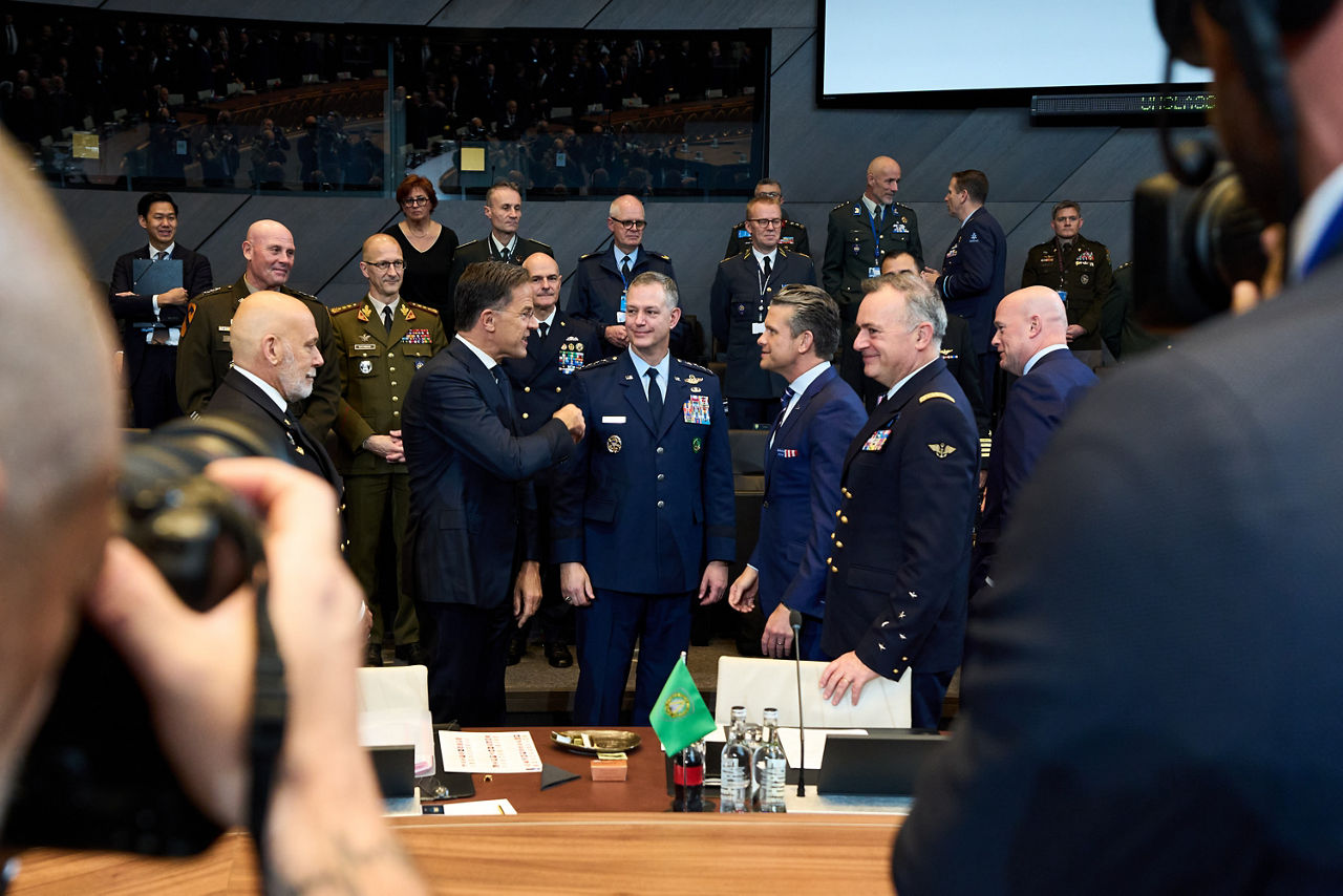 NATO Secretary General Mark Rutte with Supreme Allied Commander Europe, General Alexus G. Grynkewich, Pete Hegseth (US Secretary of War) and Supreme Allied Commander Transformation, Admiral Pierre Vandier