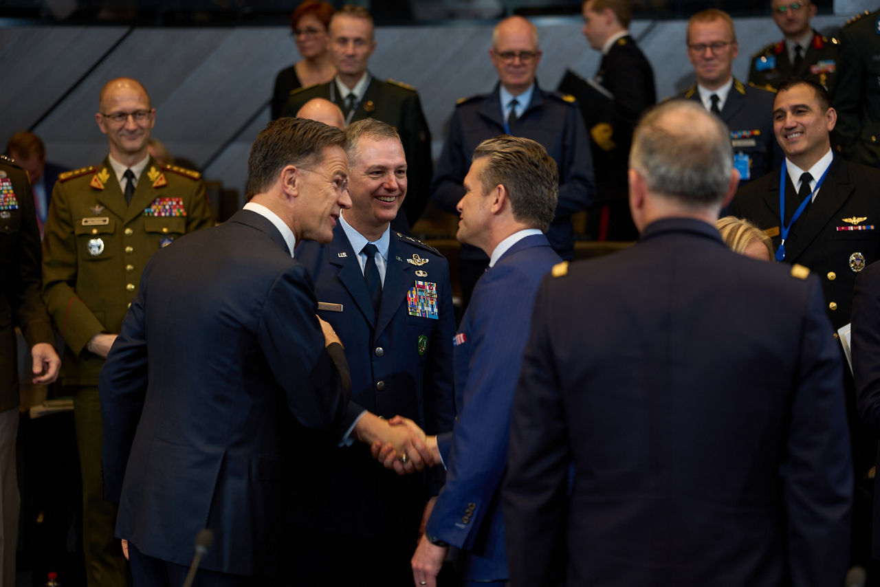 NATO Secretary General Mark Rutte with Supreme Allied Commander Europe, General Alexus G. Grynkewich and Pete Hegseth (US Secretary of War)