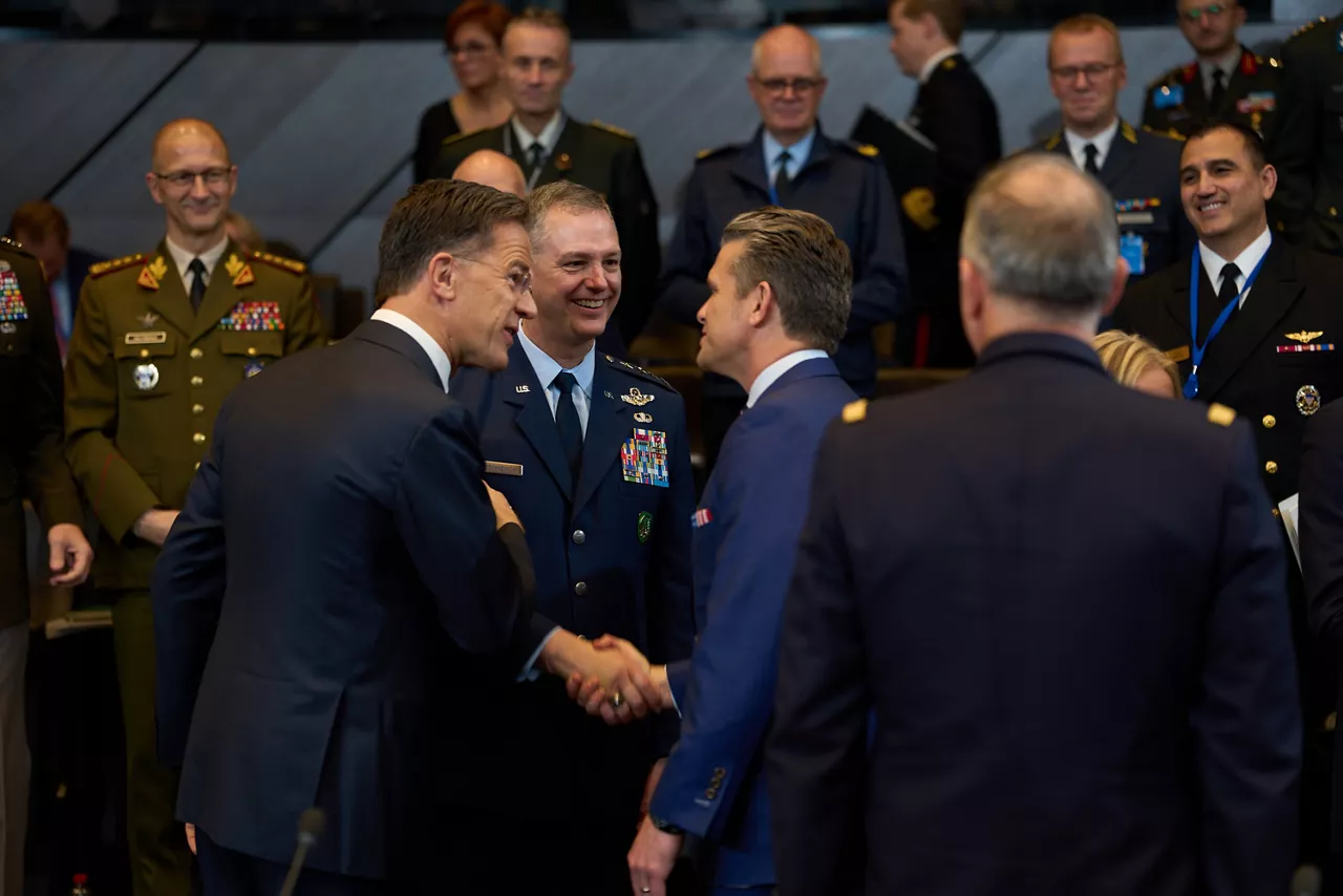 NATO Secretary General Mark Rutte with Supreme Allied Commander Europe, General Alexus G. Grynkewich and Pete Hegseth (US Secretary of War)