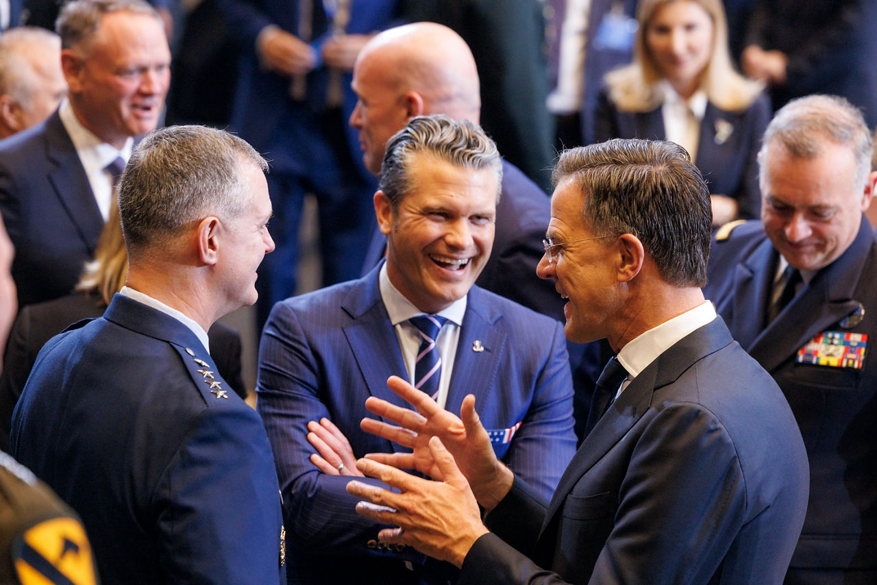 Supreme Allied Commander Europe, General Alexus G. Grynkewich, Pete Hegseth (US Secretary of War) and NATO Secretary General Mark Rutte