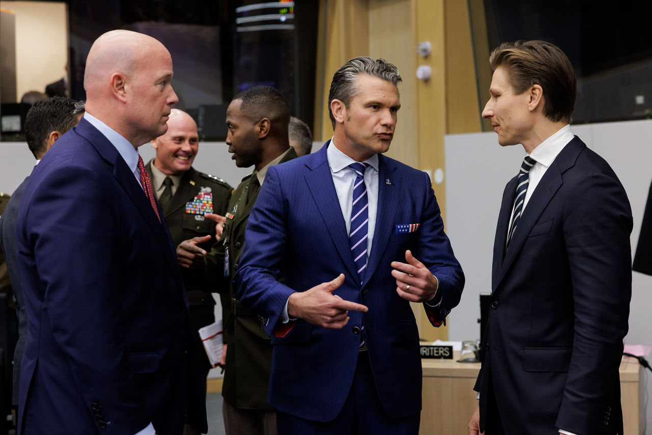 Matthew Whitaker (NATO Permanent Representative for the United States), Pete Hegseth (US Secretary of War) and Antti Häkkänen (Minister of Defence, Finland)
