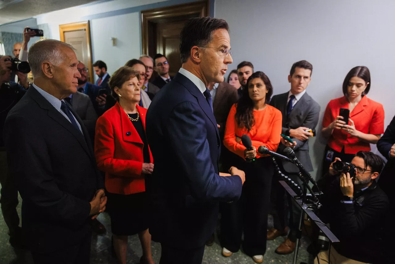 NATO Secretary General Mark Rutte talks to the press following the meeting with the US Senate NATO Observer Group. 