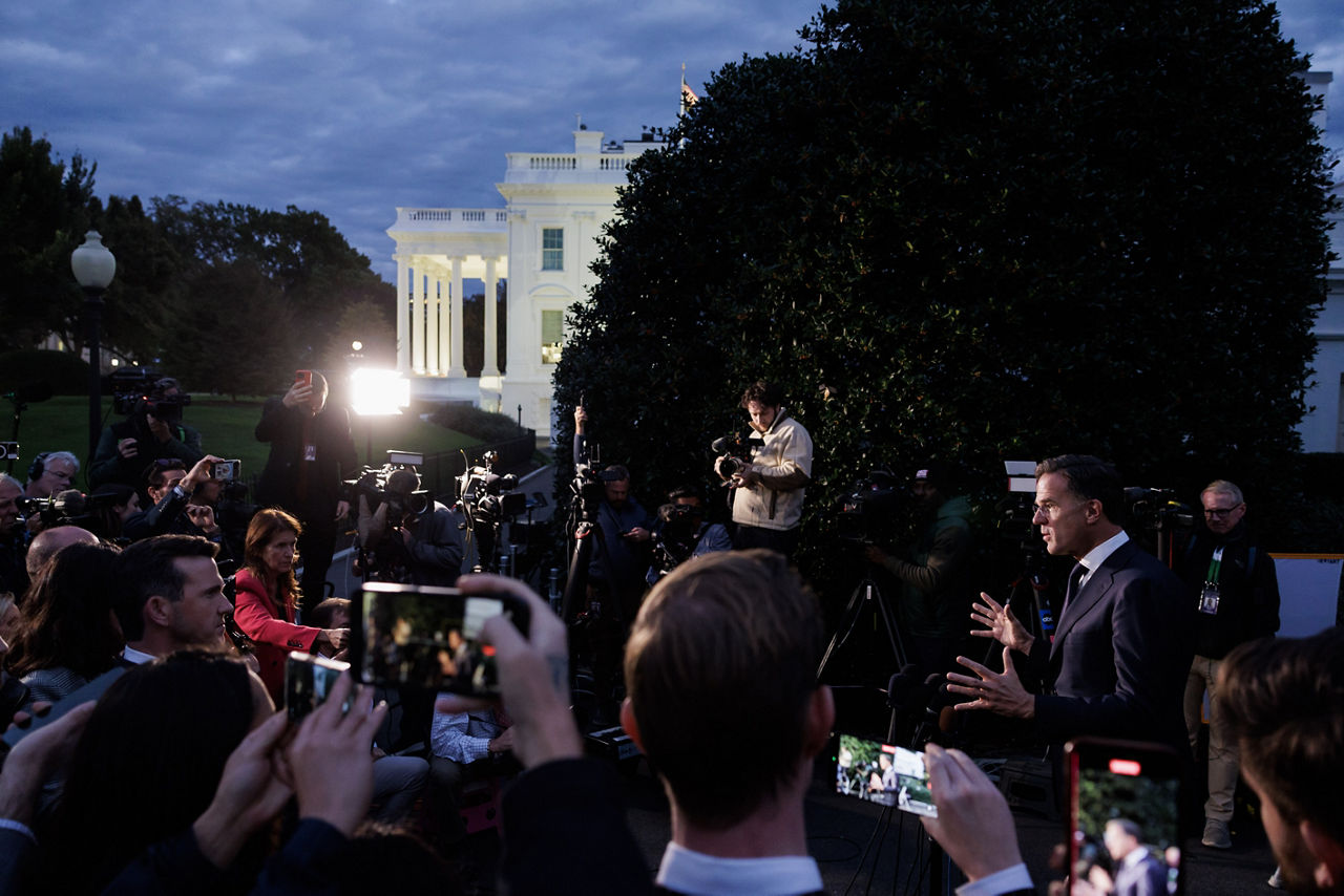 Media huddle with NATO Secretary General Mark Rutte outside the Whitehouse in Washington
