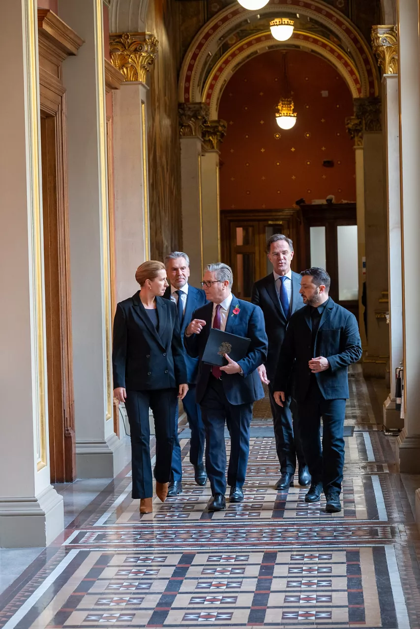 Mette Frederiksen, Prime Minister of Denmark ,  Dick Schoof, Prime Minister of The Netherlands,  Keir Starmer, Prime Minister of the United Kingdom, NATO Secretary General Mark Rutte  and Volodymyr Zelenskyy, President of Ukraine.