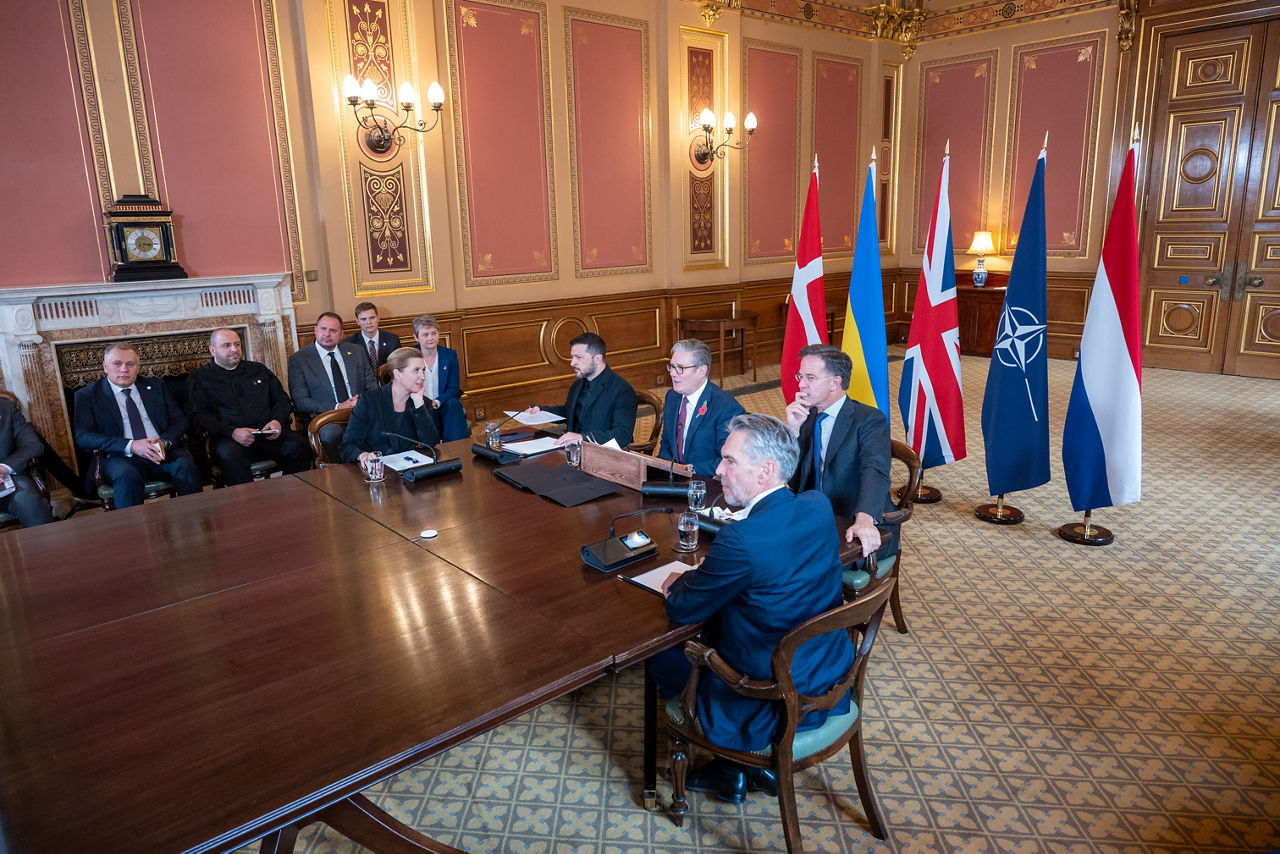 Mette Frederiksen, Prime Minister of Denmark ,  Dick Schoof, Prime Minister of The Netherlands,  Keir Starmer, Prime Minister of the United Kingdom, NATO Secretary General Mark Rutte  and Volodymyr Zelenskyy, President of Ukraine.