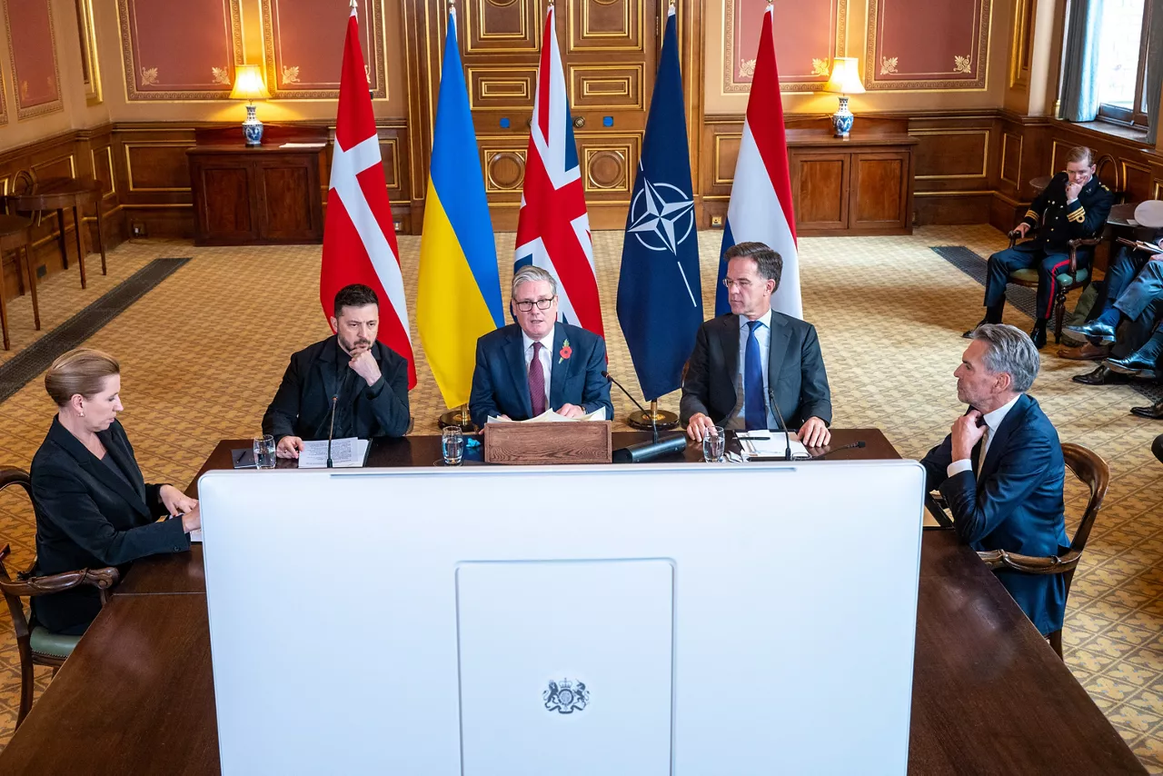 Mette Frederiksen, Prime Minister of Denmark ,  Dick Schoof, Prime Minister of The Netherlands,  Keir Starmer, Prime Minister of the United Kingdom, NATO Secretary General Mark Rutte  and Volodymyr Zelenskyy, President of Ukraine.