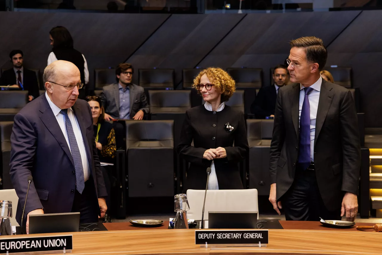 Andrius Kubilius, European Commissioner for Defence and Space attends a meeting of the North Atlantic Council with NATO Secretary General Mark Rutte and NATO Deputy Secretary General Radmila Shekerinska