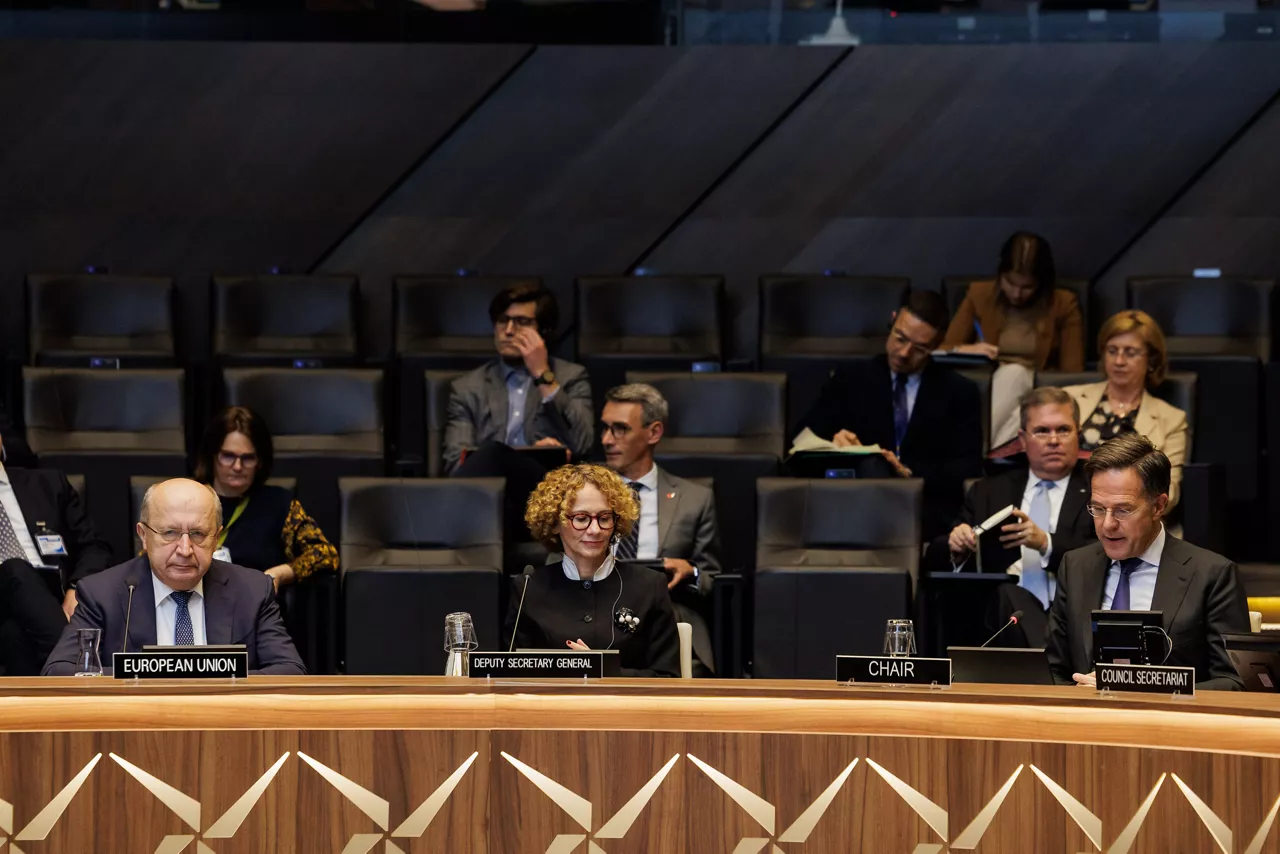 Andrius Kubilius, European Commissioner for Defence and Space attends a meeting of the North Atlantic Council with NATO Secretary General Mark Rutte and NATO Deputy Secretary General Radmila Shekerinska