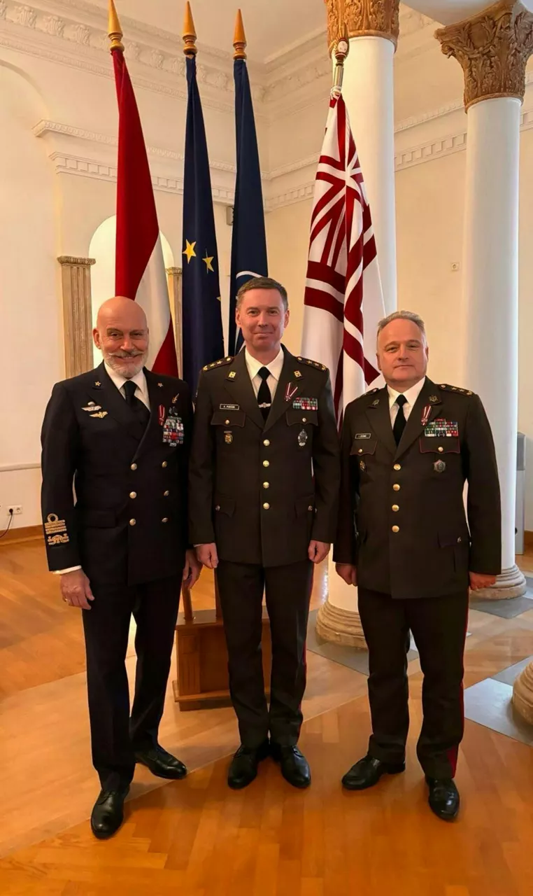 The Chair of the NATO Military Committee with the Chief of Defence of the Republic of Latvia, MG Kaspars Pudāns, and the Military Representative of Latvia to the NATO Military Committee, MG Imants Ziediņš