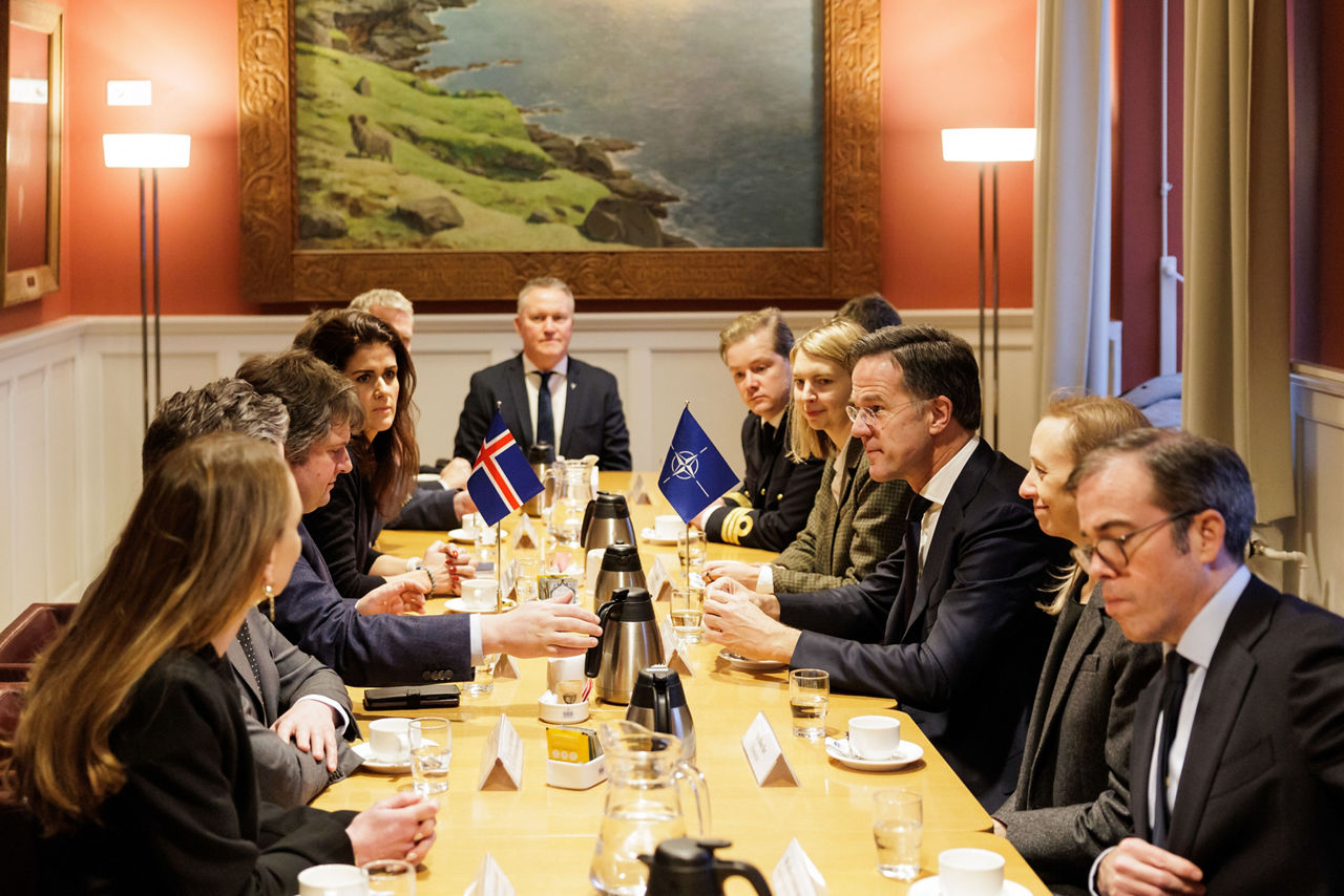 NATO Secretary General Mark Rutte engages with parliamentarians from the Foreign Affairs Committee of the Icelandic parliament (Alþingi) and the Icelandic Delegation to the NATO Parliamentary Assembly.