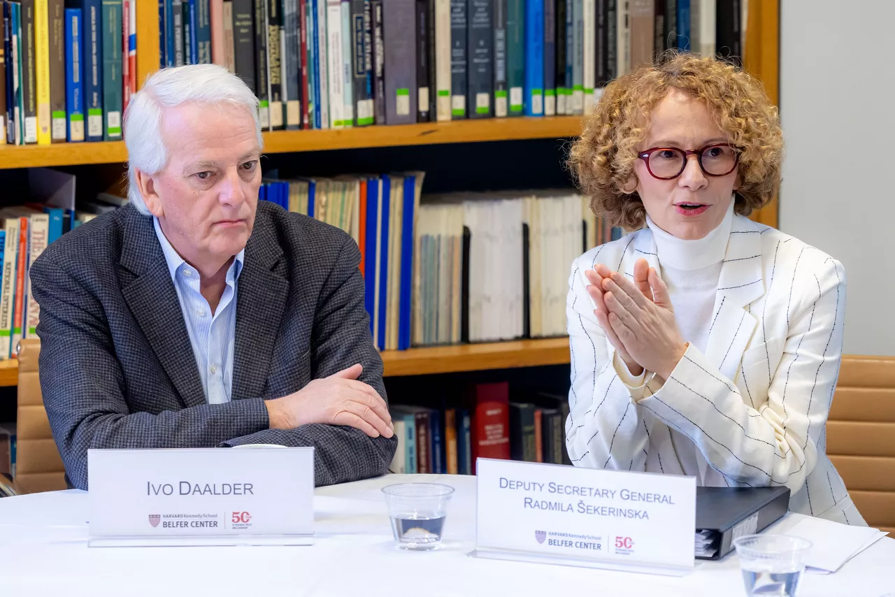 NATO Deputy Secretary General Radmila Shekerinska and Ivo Daalder, former US Permanent Representative to NATO at the Harvard Kennedy School Belfer Center, in Boston