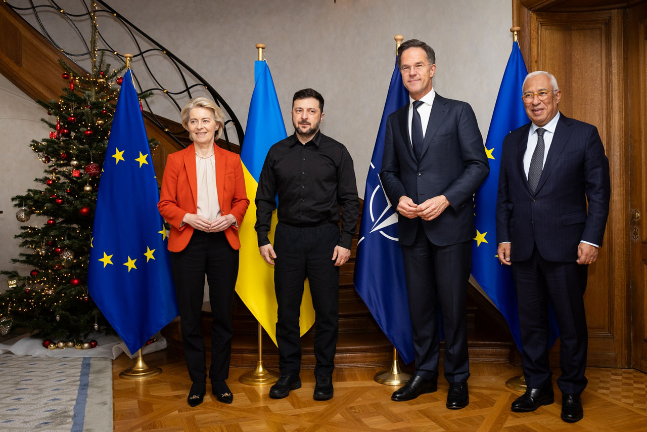 NATO Secretary General Mark Rutte, President of Ukraine Volodymyr Zelenskyy, President of the European Council António Costa and the President of the European Commission Ursula von der Leyen