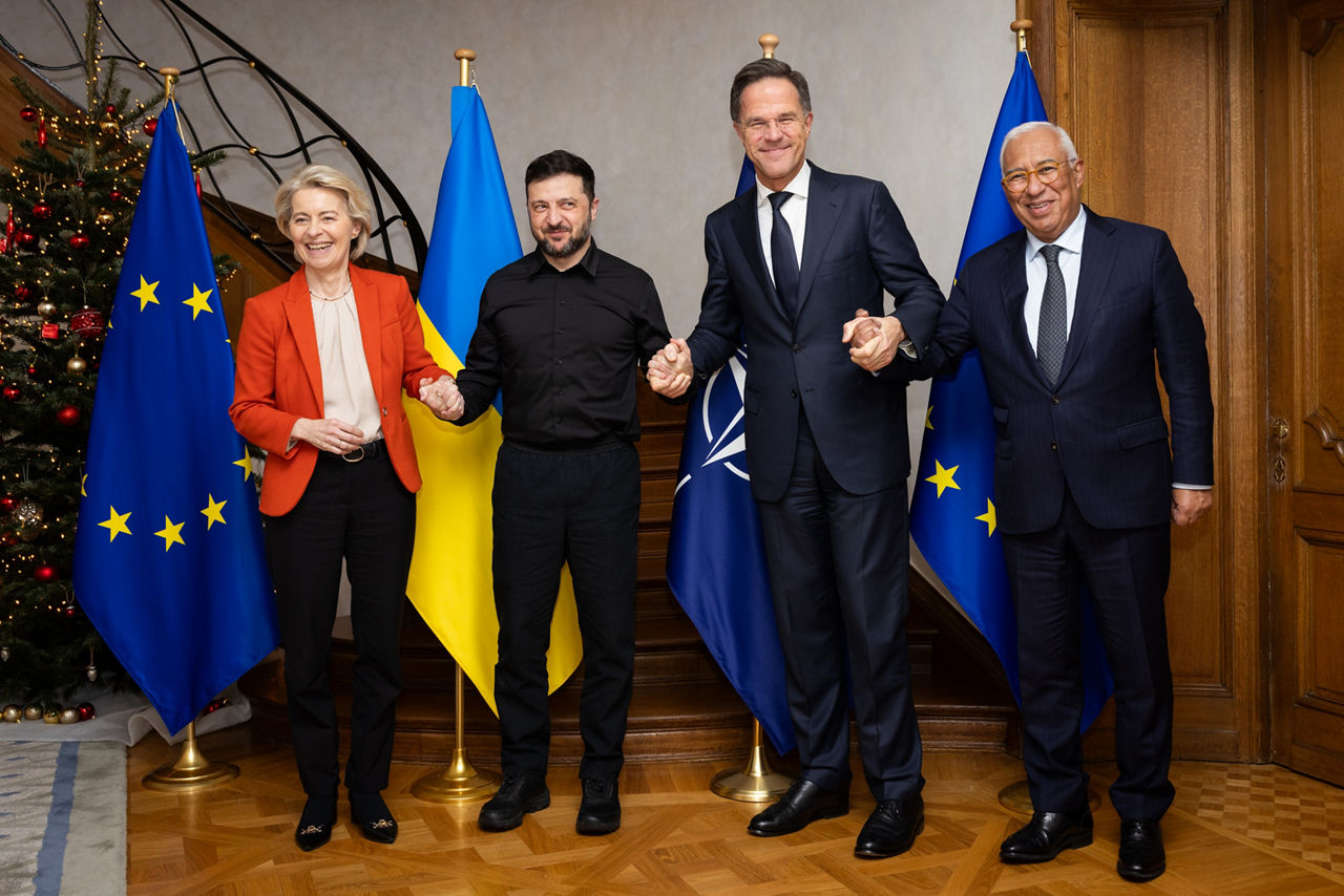 NATO Secretary General Mark Rutte, President of Ukraine Volodymyr Zelenskyy, President of the European Council António Costa and the President of the European Commission Ursula von der Leyen