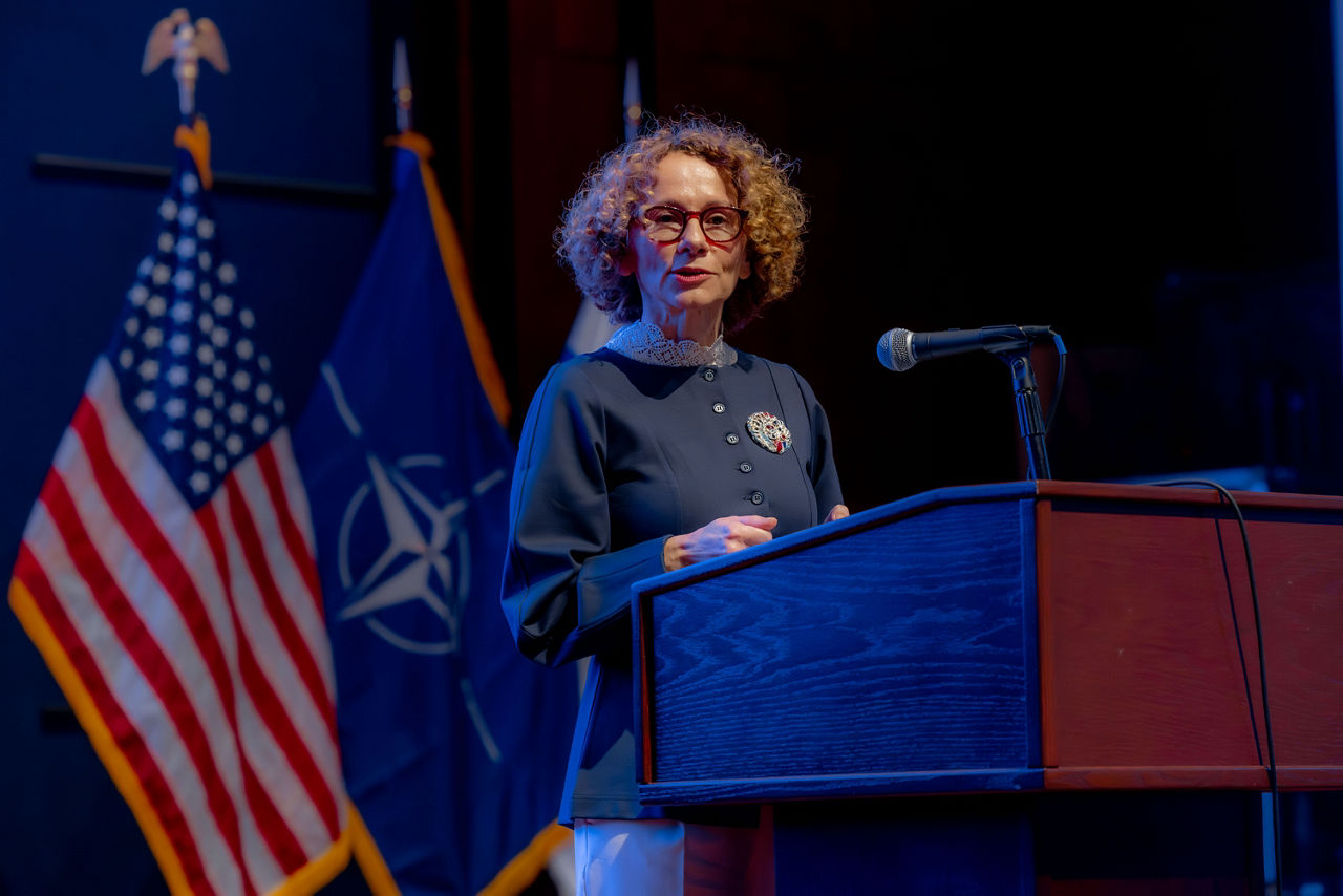 NATO Deputy Secretary General Radmila Shekerinska gives a speech at the NATO Parliamentary Assembly Transatlantic Forum