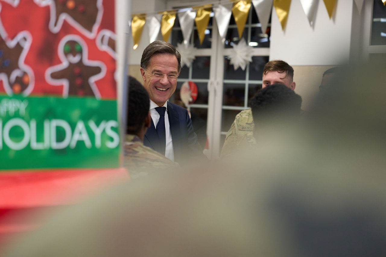 NATO Secretary General Mark Rutte with the troops of the NATO Forward Land Forces Battlegroup deployed at Bemowo Piskie.