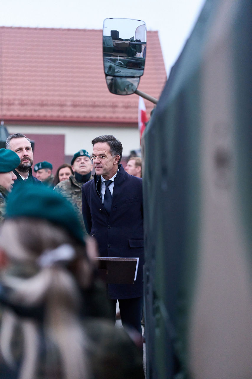 NATO Secretary General Mark Rutte with the troops of the NATO Forward Land Forces Battlegroup deployed at Bemowo Piskie.