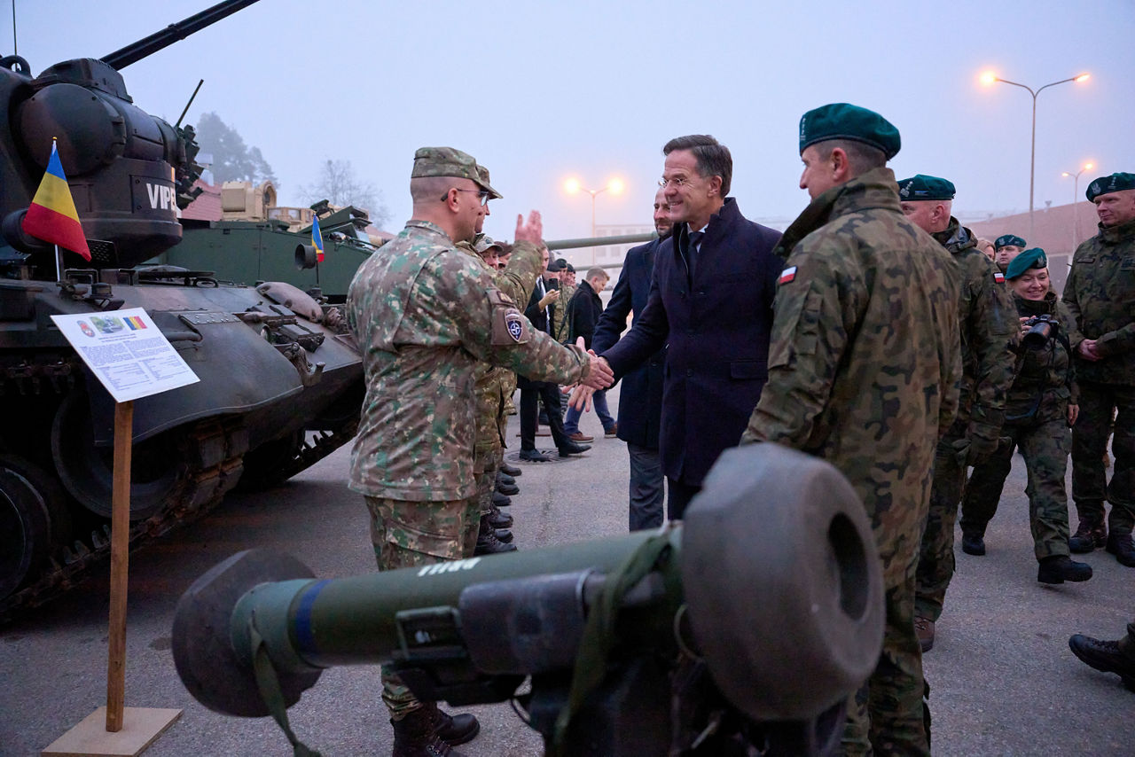 NATO Secretary General Mark Rutte with the troops of the NATO Forward Land Forces Battlegroup deployed at Bemowo Piskie.