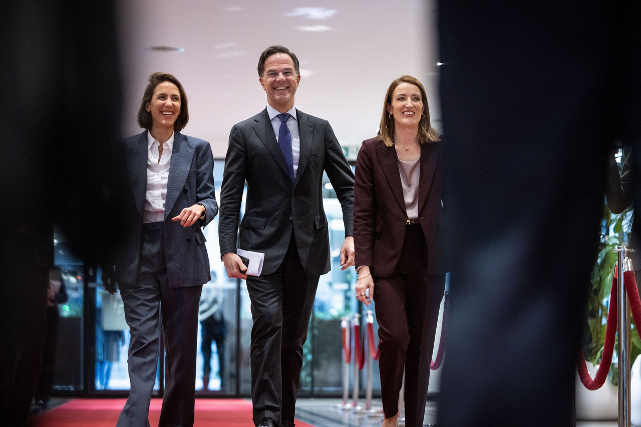 [from left to right] Valérie Hayer, President of the Renew Europe Group, NATO Secretary General Mark Rutte, and Roberta Metsola, President of the European Parliament