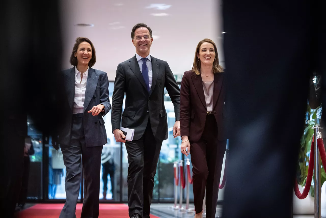 [from left to right] Valérie Hayer, President of the Renew Europe Group, NATO Secretary General Mark Rutte, and Roberta Metsola, President of the European Parliament