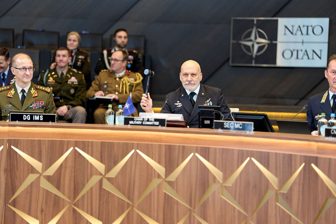 Left to Right - The Director General of the International Military Staff (DGIMS), Lieutenant General Remigijus Baltrėnas, the Chair of the NATO Military Committee (CMC), Admiral Giuseppe Cavo Dragone, and the Secretary to the NATO Military Committee, Brigadier General Jozsef Szucs