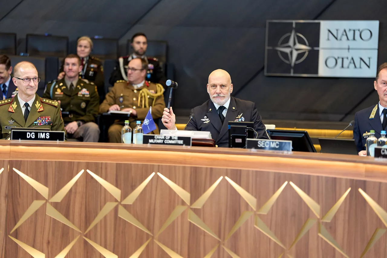 Left to Right - The Director General of the International Military Staff (DGIMS), Lieutenant General Remigijus Baltrėnas, the Chair of the NATO Military Committee (CMC), Admiral Giuseppe Cavo Dragone, and the Secretary to the NATO Military Committee, Brigadier General Jozsef Szucs