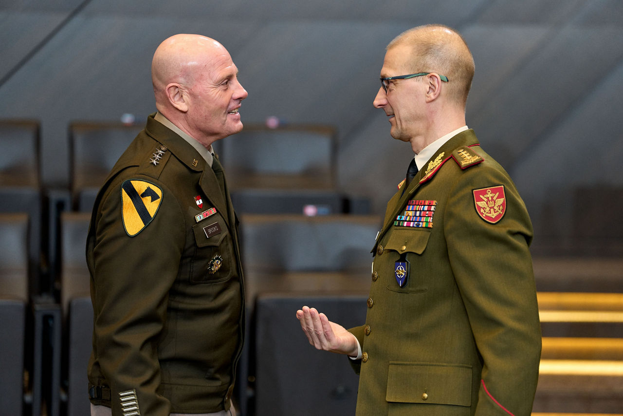 Left to Right - The Deputy Chair of the NATO Military Committee (DCMC), Lieutenant General W. Phil Brooks meeting the Director General of the International Military Staff (DGIMS), Lieutenant General Remigijus Baltrėnas