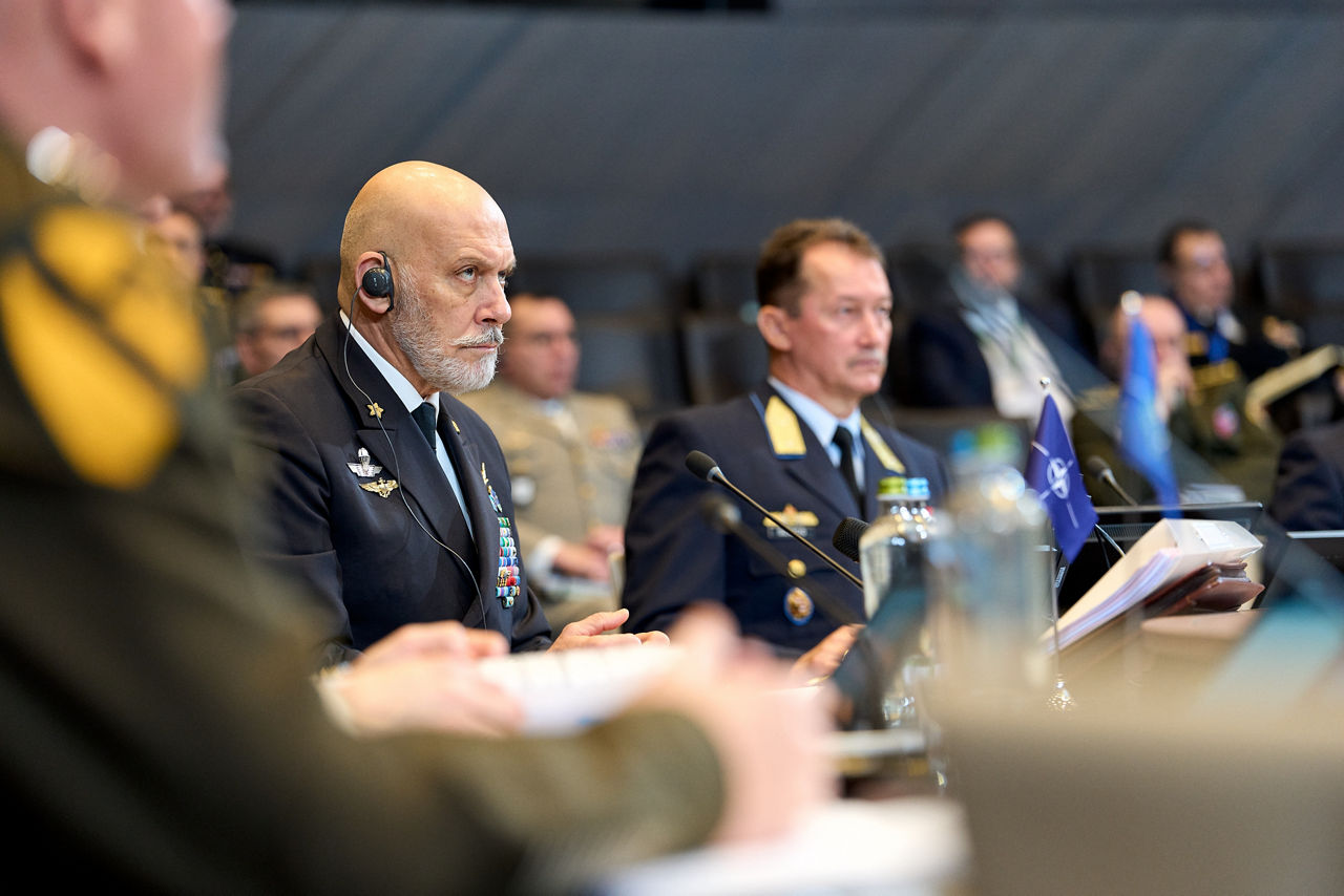 Left to Right - The Chair of the NATO Military Committee (CMC), Admiral Giuseppe Cavo Dragone, and the Secretary to the NATO Military Committee, Brigadier General Jozsef Szucs during Session 1