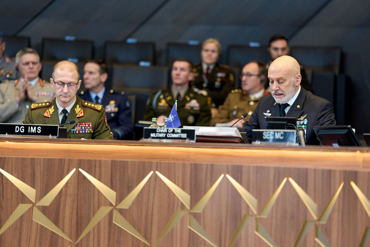 Left to Right - The Director General of the International Military Staff (DGIMS), Lieutenant General Remigijus Baltrėnas, and the Chair of the NATO Military Committee (CMC), Admiral Giuseppe Cavo Dragone
