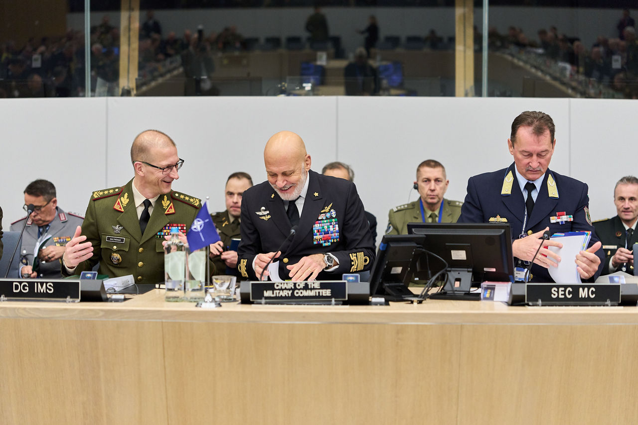 Left to Right - The Director General of the International Military Staff (DGIMS), Lieutenant General Remigijus Baltrėnas, the Chair of the NATO Military Committee (CMC), Admiral Giuseppe Cavo Dragone, and the Secretary to the NATO Military Committee, Brigadier General Jozsef Szucs