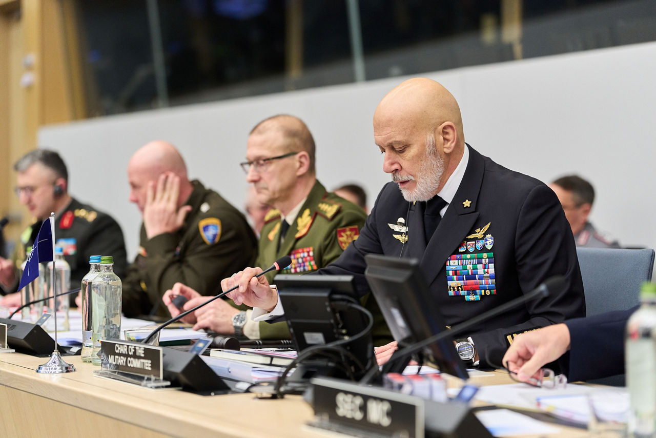Left to Right - The Deputy Chair of the NATO Military Committee (DCMC), Lieutenant General W. Phil Brooks; the Director General of the International Military Staff (DGIMS), Lieutenant General Remigijus Baltrėnas; the Chair of the NATO Military Committee (CMC), Admiral Giuseppe Cavo Dragone