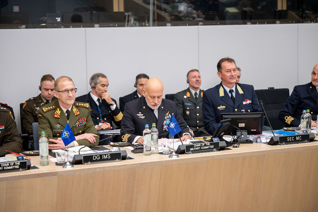 Left to Right - The Director General of the International Military Staff (DGIMS), Lieutenant General Remigijus Baltrėnas; the Chair of the NATO Military Committee (CMC), Admiral Giuseppe Cavo Dragone; the Secretary to the NATO Military Committee, Brigadier General Jozsef Szucs