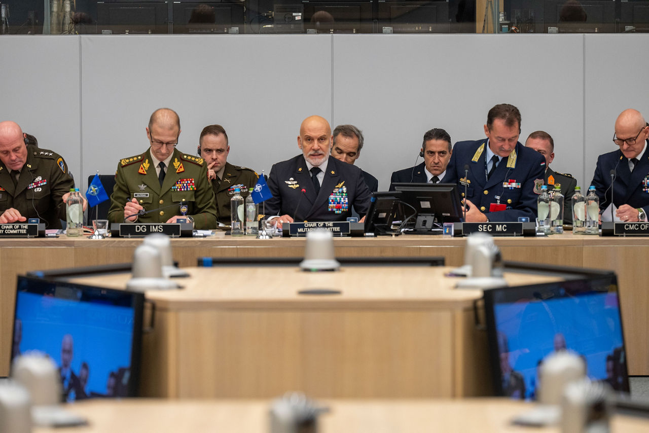Left to Right - The Deputy Chair of the NATO Military Committee (DCMC), Lieutenant General W. Phil Brooks; the Director General of the International Military Staff (DGIMS), Lieutenant General Remigijus Baltrėnas; the Chair of the NATO Military Committee (CMC), Admiral Giuseppe Cavo Dragone; the Secretary to the NATO Military Committee, Brigadier General Jozsef Szucs; the Director of the Office of the Chair of the NATO Military Committee, Rear Admiral Alberto Sodomaco