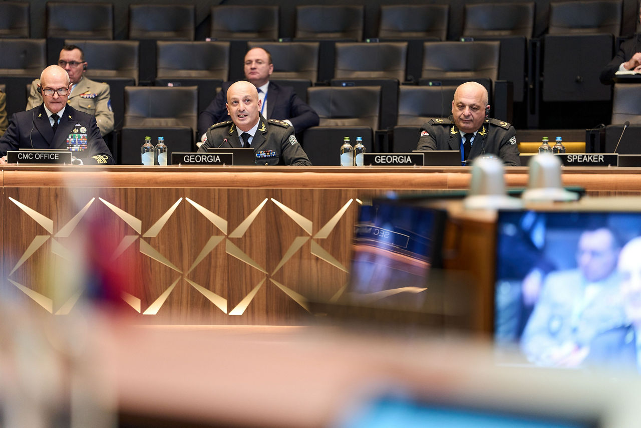 Left to Right - The Director of the Office of the Chair of the NATO Military Committee, Rear Admiral Alberto Sodomaco, and the Deputy Chief of the Defence Forces of Georgia, Major General Irakli Tchitchinadze