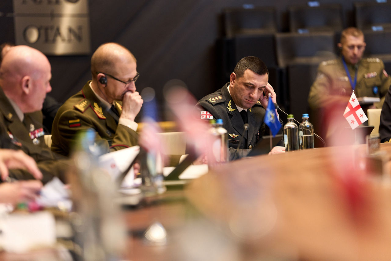 Left to Right - The Deputy Chair of the NATO Military Committee (DCMC), Lieutenant General W. Phil Brooks, the Director General of the International Military Staff (DGIMS), Lieutenant General Remigijus Baltrėnas, and the Chief of Defence of Georgia, Lieutenant General Giorgi Matiashvili
