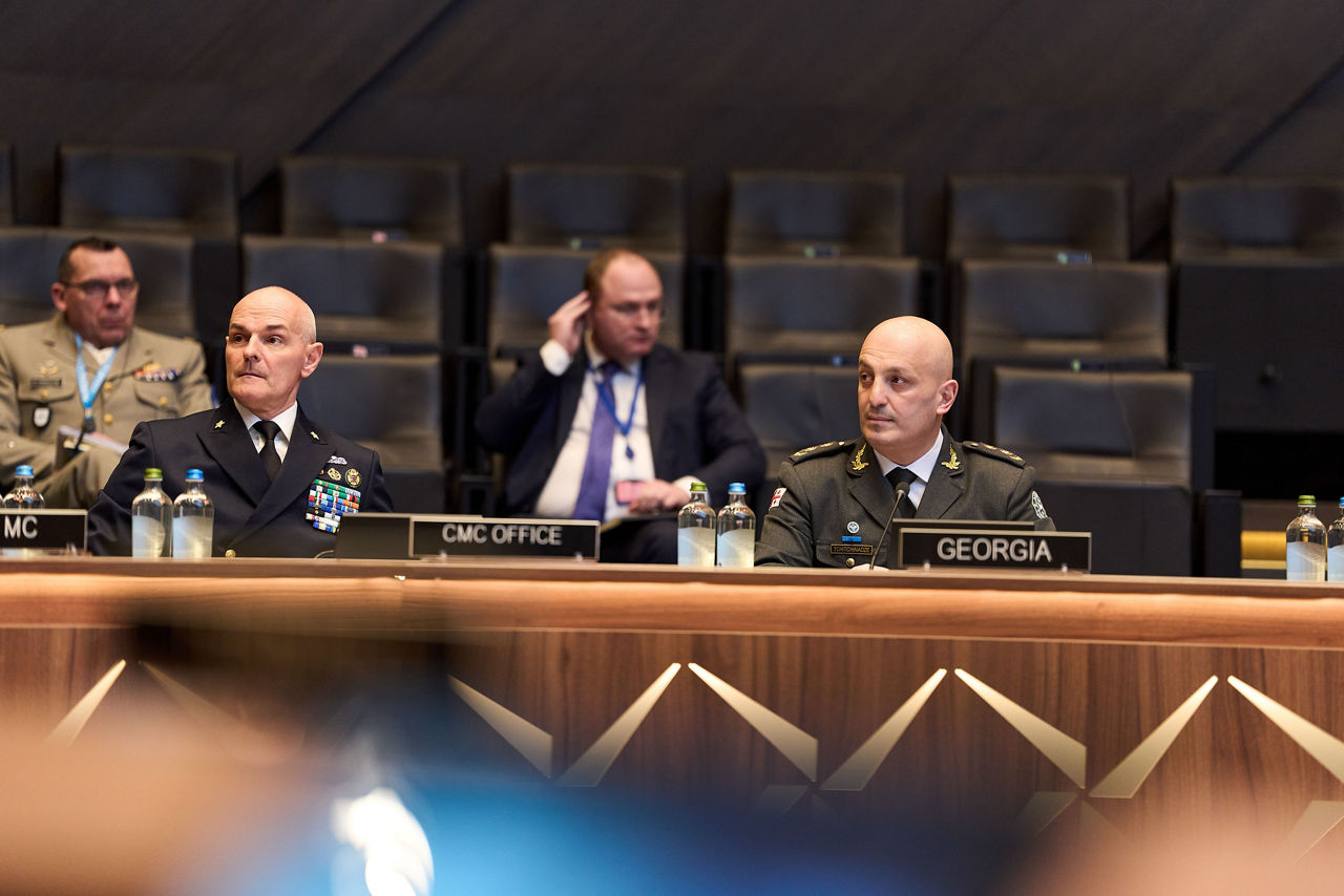 Left to Right - The Director of the Office of the Chair of the NATO Military Committee, Rear Admiral Alberto Sodomaco; the Deputy Chief of the Defence Forces of Georgia, Major General Irakli Tchitchinadze