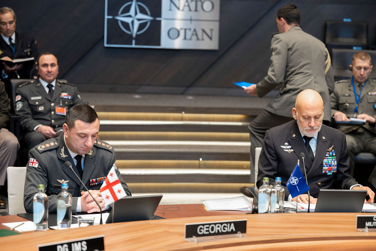 Left to Right - The Chief of Defence of Georgia, Lieutenant General Giorgi Matiashvili, and the Chair of the NATO Military Committee (CMC), Admiral Giuseppe Cavo Dragone