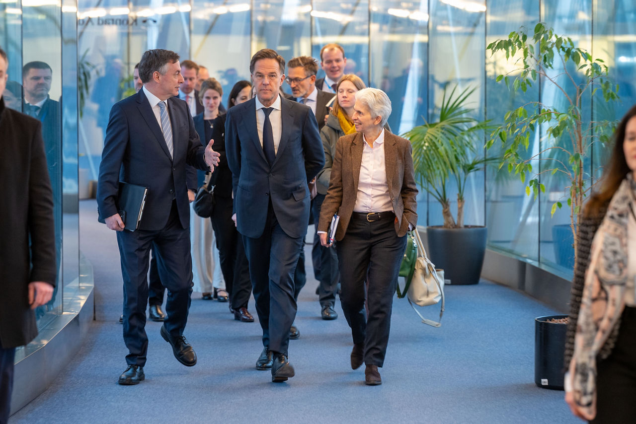 [from left to right]  David McAllister, Member of the European Parliament, NATO Secretary General Mark Rutte and Marie-Agnes Strack-Zimmermann, Member of the European Parliament