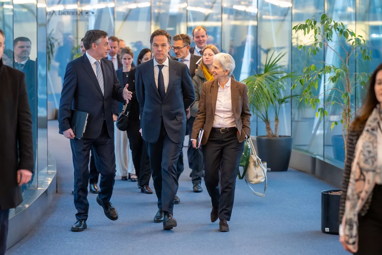 [from left to right]  David McAllister, Member of the European Parliament, NATO Secretary General Mark Rutte and Marie-Agnes Strack-Zimmermann, Member of the European Parliament