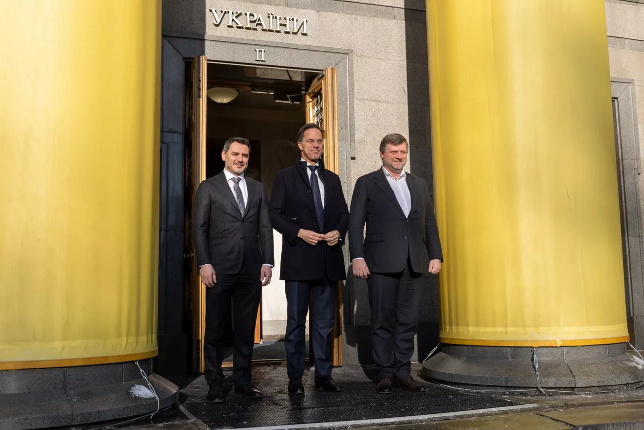 [from left to right] Yehor Cherniev, Deputy Chairman of the Parliamentary Committee on National Security, Defence and Intelligence and Head of the Permanent Delegation of Ukraine to the NATO Parliamentary Assembly, NATO Secretary General Mark Rutte and Oleksandr Korniyenko, First Deputy Chairman of the Verkhovna Rada of Ukraine