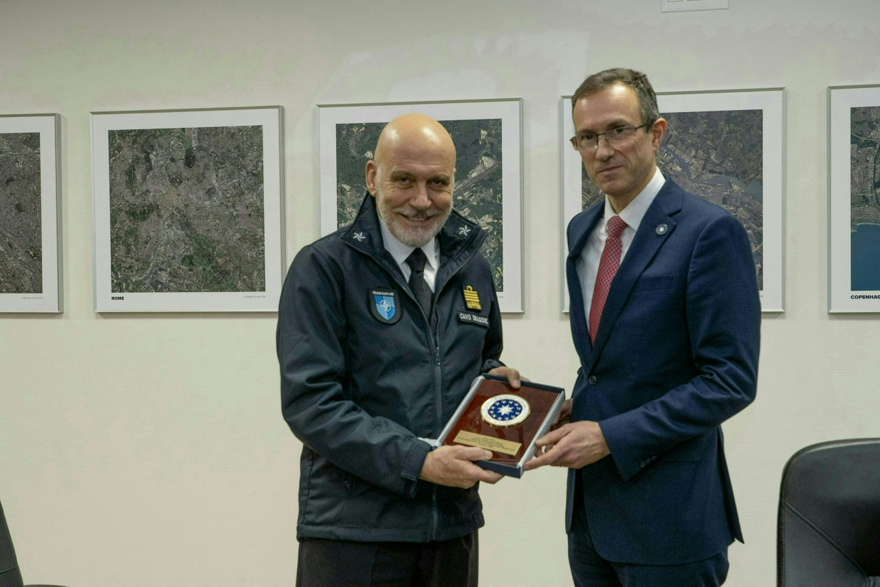 Left to Right – The Chair of the NATO Military Committee, Admiral Giuseppe Cavo Dragone, with the Director of the European Union Satellite Centre, Rear Admiral Louis Tillier