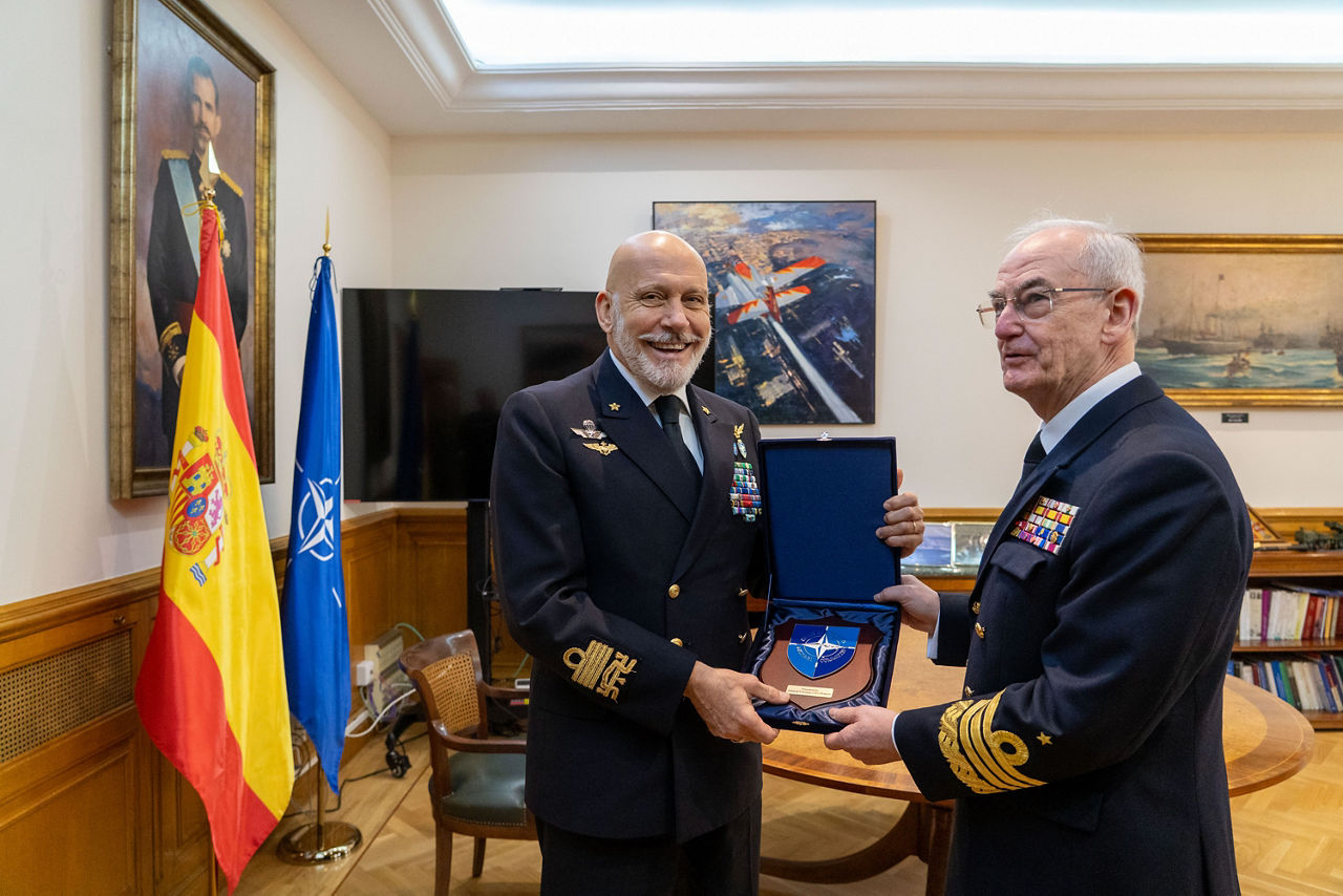 Left to Right - The Chair of the NATO Military Committee, Admiral Giuseppe Cavo Dragone with Spain's Chief of Defence, Admiral Teodoro E. López Calderón