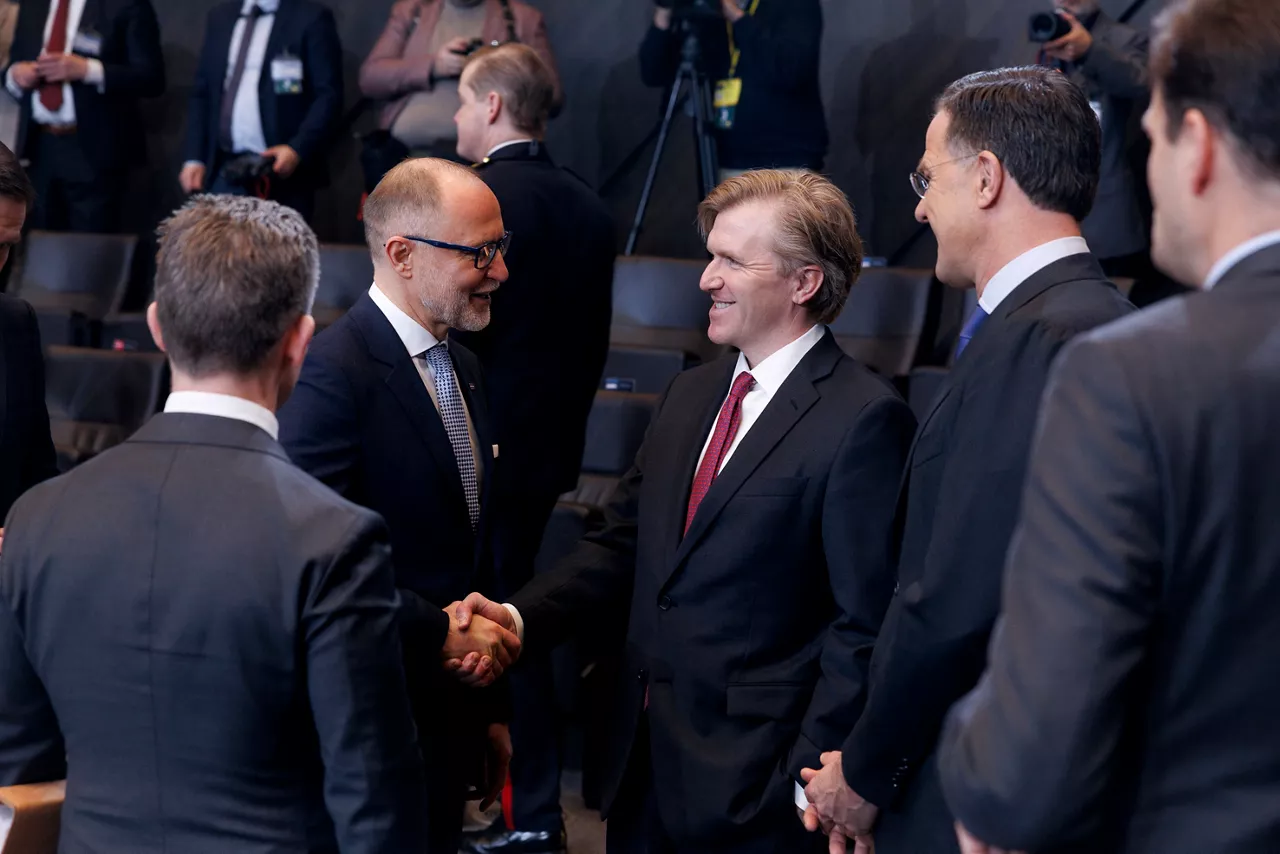 [from left to right] Adris Spruds, Minister of Defence of Latvia, US Under Secretary of War for Policy  Elbridge Colby and NATO Secretary General Mark Rutte