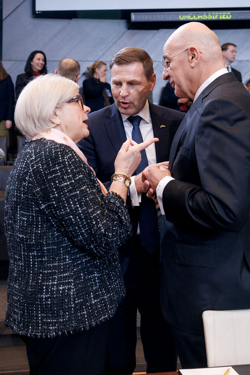 [from left to right] Catherine Vautrin, Minister of the Armed Forces and Veterans of France, Hanno Pevkur, Minister of Defence of Estonia and Nikos Dendias, Minister of Defence of Greece