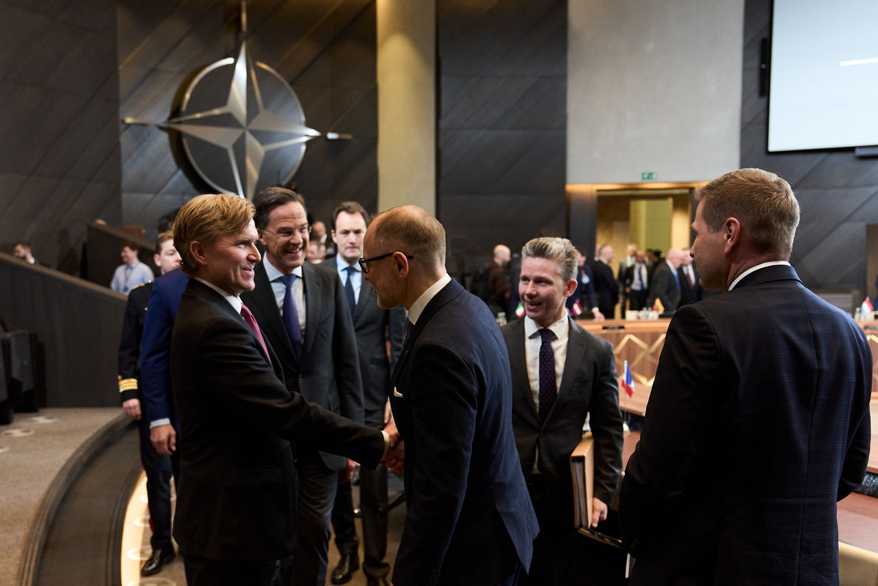 [from left to right] Elbridge Colby, US Under Secretary of War for Policy, NATO Secretary General Mark Rutte and Andris Spruds, Minister of Defence of Latvia
