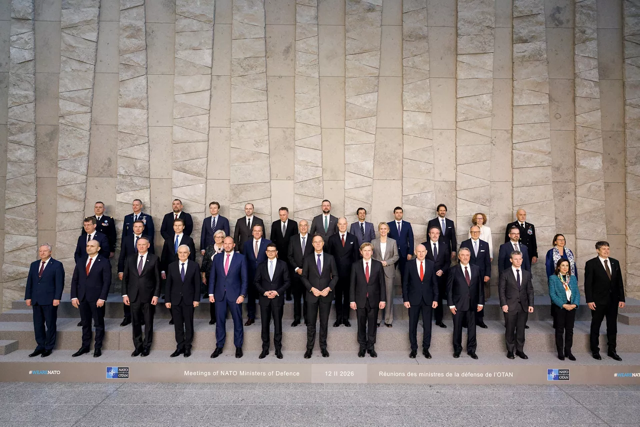 Family portrait of the NATO Secretary General Mark Rutte and the NATO Defence Ministers at NATO Headquarters in Brussels on 12 February 2026