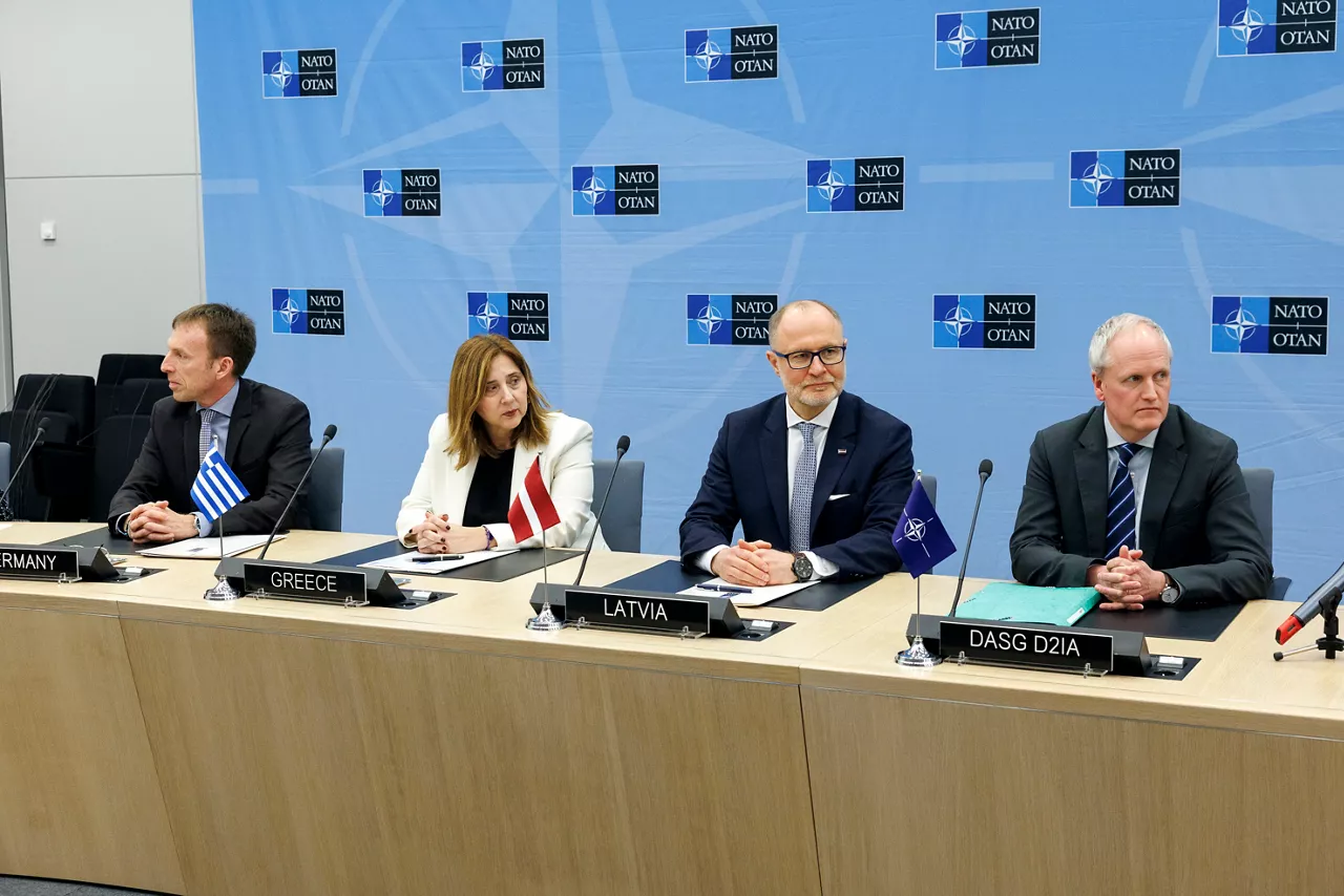 Representative for Germany, Vasiliki Gounari (NATO Permanent Representative for Greece), Andris Sprūds (Minister of Defence, Latvia) and Robert Weaver (Deputy Assistant Secretary General D2IA Division)