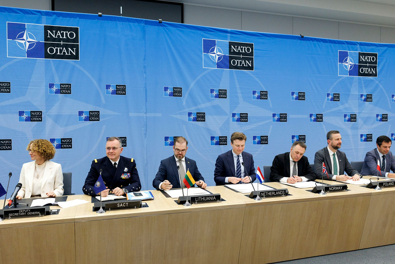 NATO Deputy Secretary General Radmila Shekerinska, Supreme Allied Commander Transformation, Admiral Pierre Vandier, Robertas Kaunas (Minister of Defence, Lithuania), Ruben Brekelmans (Minister of Defence, Netherlands), Tore O. Sandvik (Minister of Defence, Norway), Władysław Kosiniak-Kamysz (Minister of Defence, Poland) and Nuno Torres (Deputy Minister for Defence Policy, Portugal), 