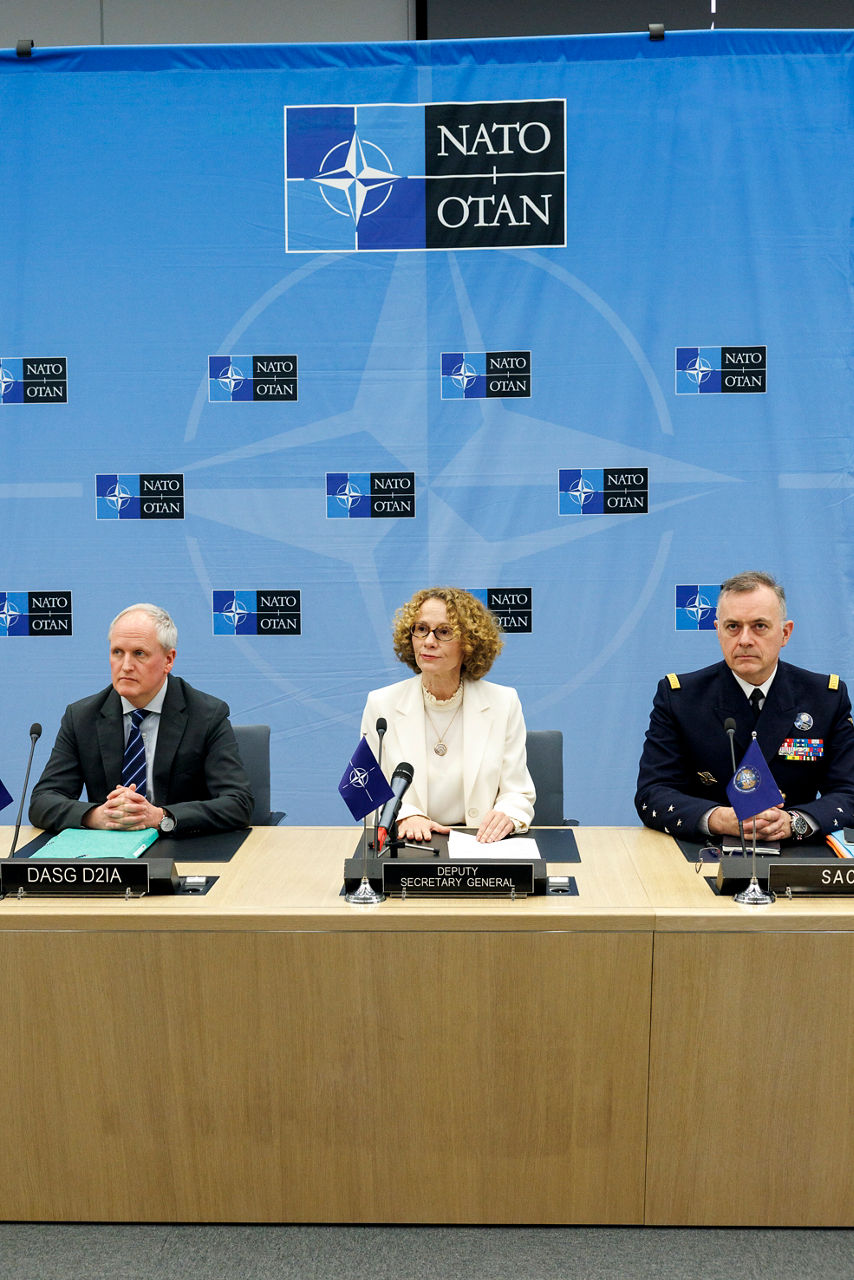 Robert Weaver (Deputy Assistant Secretary General D2IA Division), NATO Deputy Secretary General Radmila Shekerinska and Supreme Allied Commander Transformation, Admiral Pierre Vandier